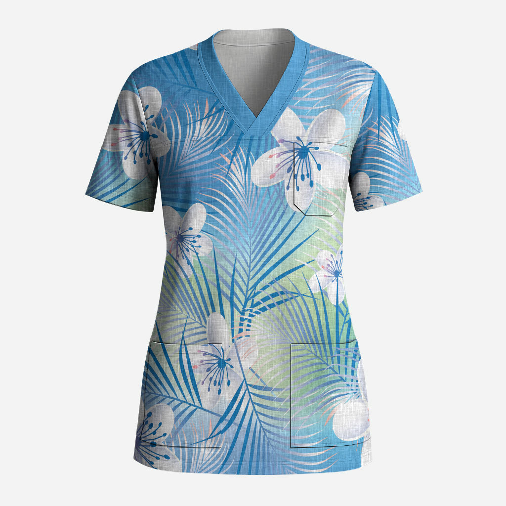Blue Aloha Hawaiian Scrub Top Tropical Flower Palm Leaf Pattern LT19 Adult Blue - Polynesian Pride