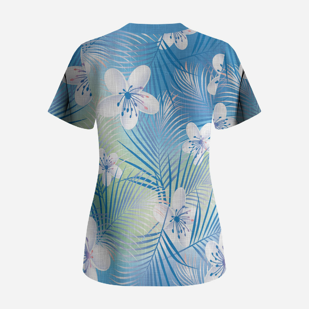 Blue Aloha Hawaiian Scrub Top Tropical Flower Palm Leaf Pattern LT19 - Polynesian Pride