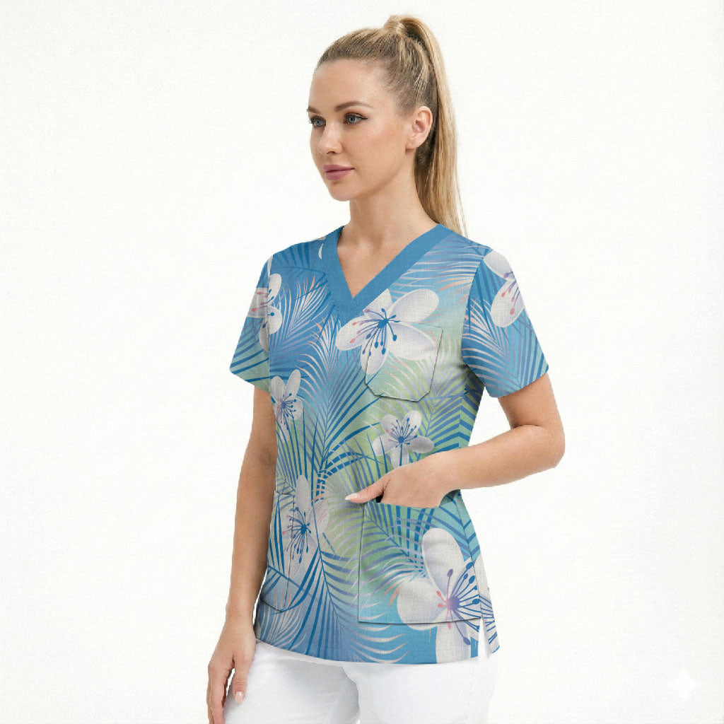 Blue Aloha Hawaiian Scrub Top Tropical Flower Palm Leaf Pattern LT19 - Polynesian Pride