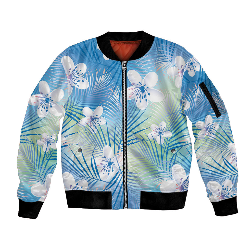 Blue Aloha Hawaiian Sleeve Zip Bomber Jacket Tropical Flower Palm Leaf Pattern LT19 Unisex Blue - Polynesian Pride