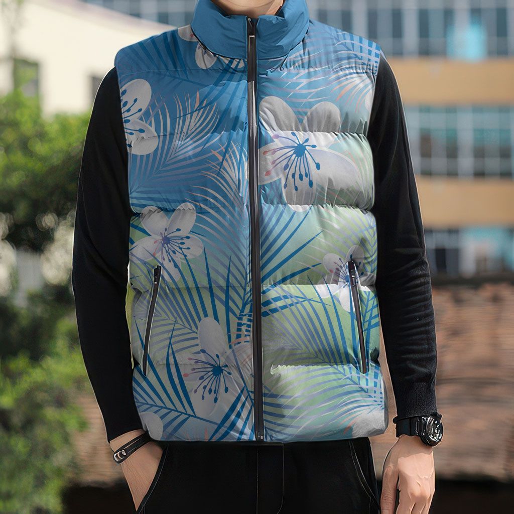 Blue Aloha Hawaiian Sleeveless Puffer Jacket Tropical Flower Palm Leaf Pattern LT19 - Polynesian Pride