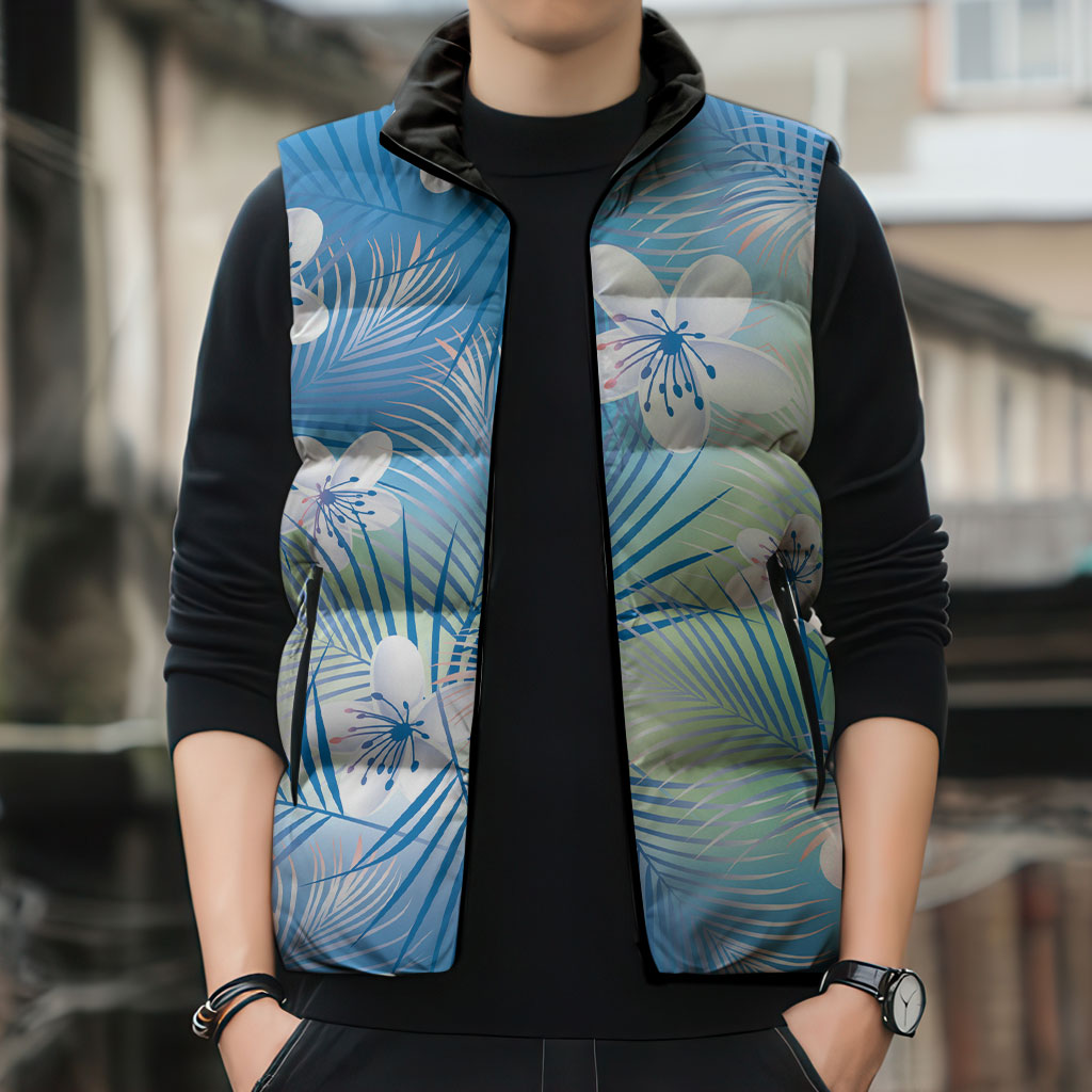 Blue Aloha Hawaiian Sleeveless Puffer Jacket Tropical Flower Palm Leaf Pattern LT19 - Polynesian Pride