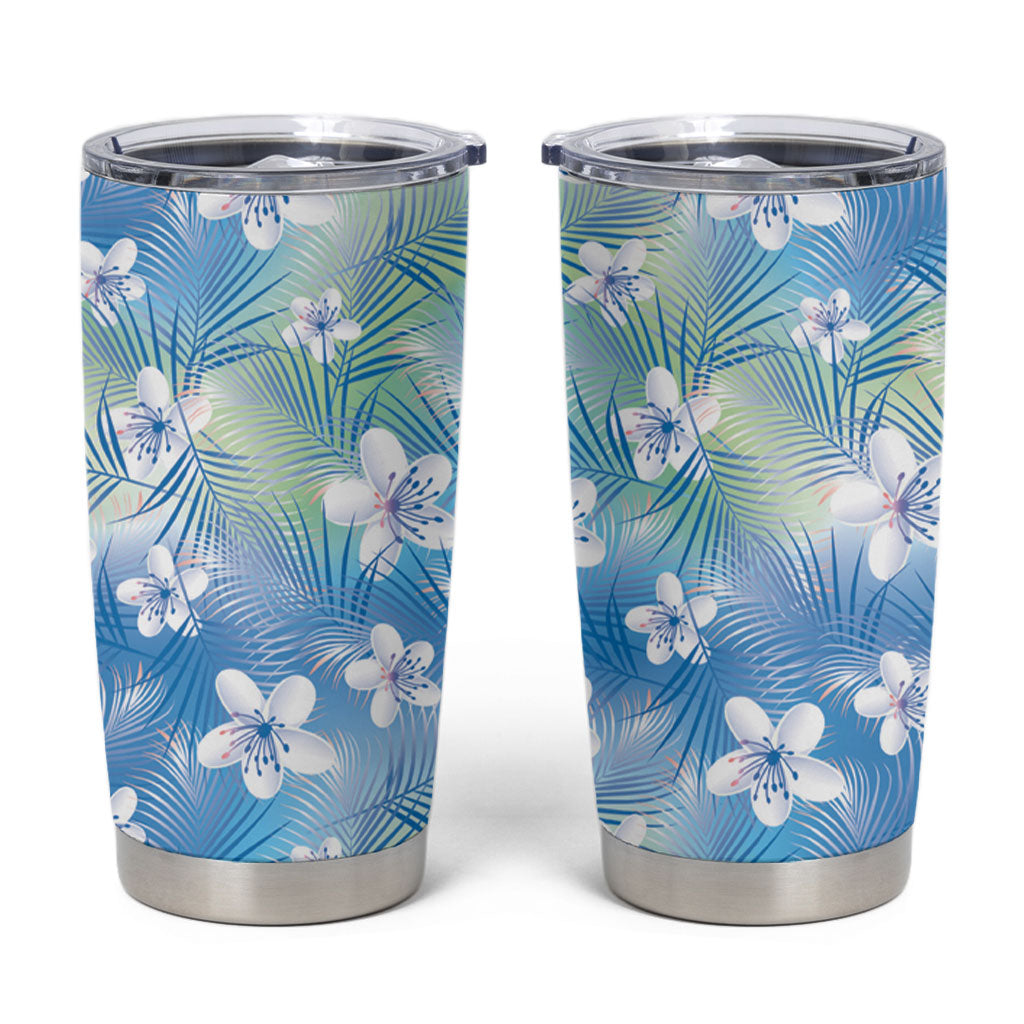 Blue Aloha Hawaiian Tumbler Cup Tropical Flower Palm Leaf Pattern LT19 Blue - Polynesian Pride