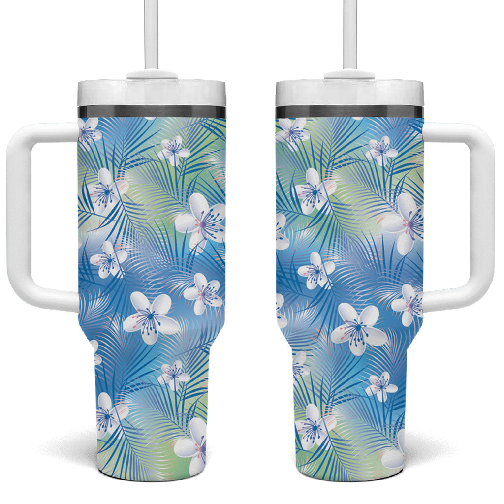 Blue Aloha Hawaiian Tumbler With Handle Tropical Flower Palm Leaf Pattern LT19 One Size: 40 oz Blue - Polynesian Pride