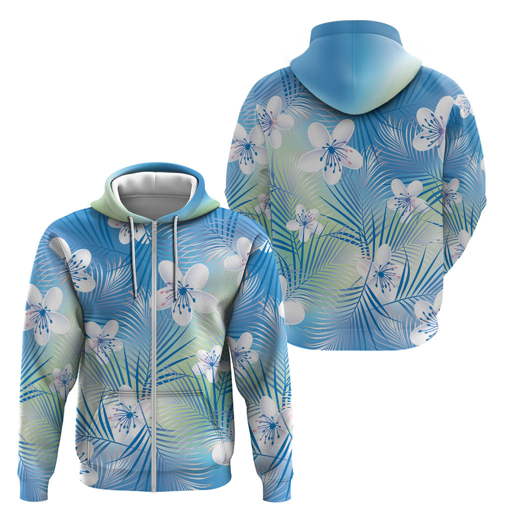 Blue Aloha Hawaiian Zip Hoodie Tropical Flower Palm Leaf Pattern LT19 - Polynesian Pride