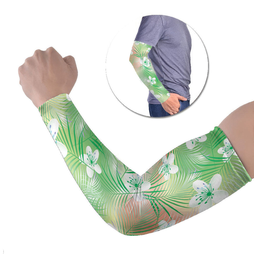 Green Aloha Hawaiian Arm Sleeves Tropical Flower Palm Leaf Pattern LT19 Set of 2 Green - Polynesian Pride