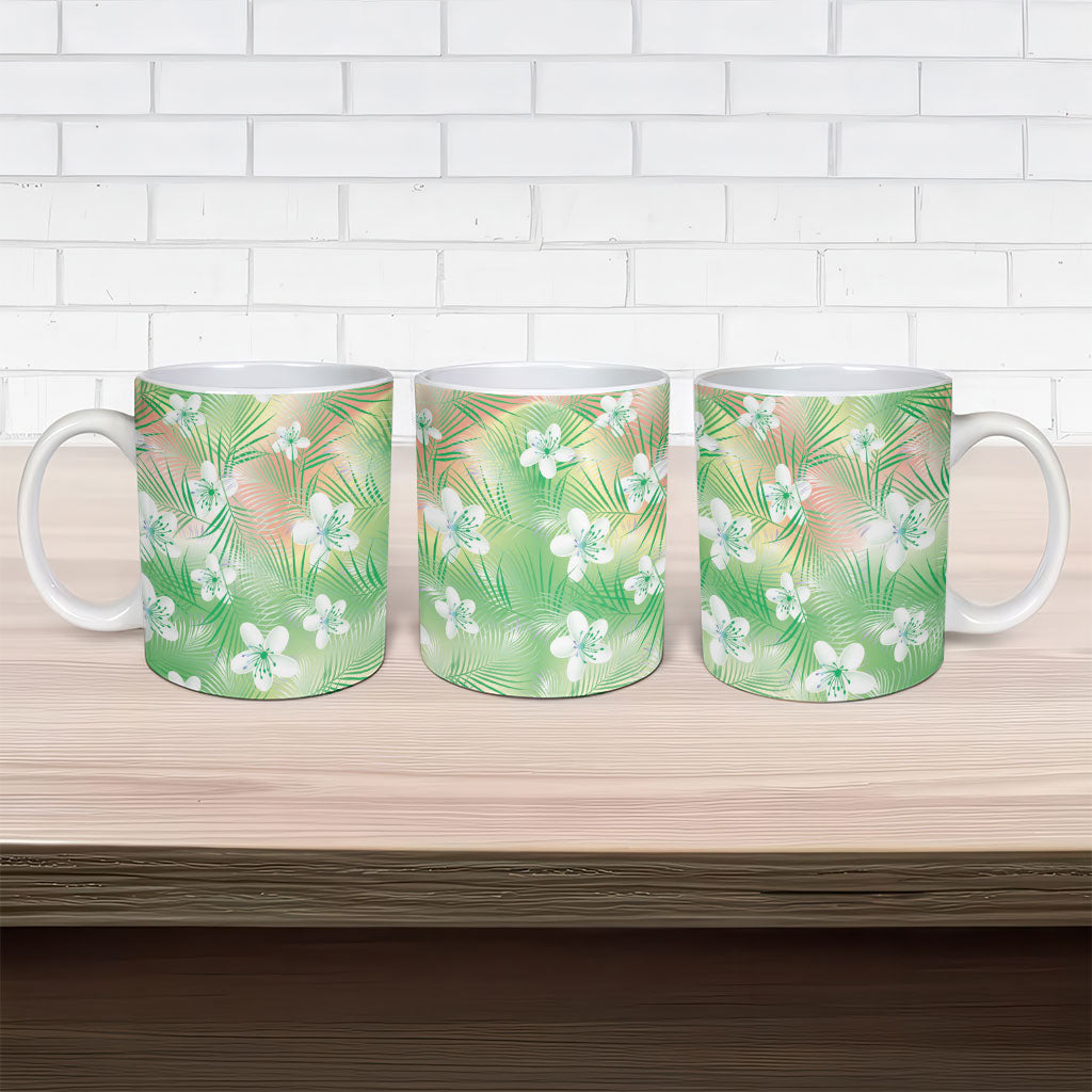 Green Aloha Hawaiian Ceramic Mug Tropical Flower Palm Leaf Pattern LT19 - Polynesian Pride
