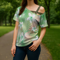 Green Aloha Hawaiian Cross Shoulder Shirt Tropical Flower Palm Leaf Pattern LT19 - Polynesian Pride