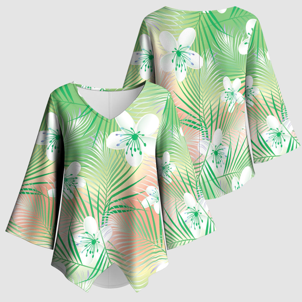 Green Aloha Hawaiian Kimono Sleeve Blouse Tropical Flower Palm Leaf Pattern LT19 - Polynesian Pride