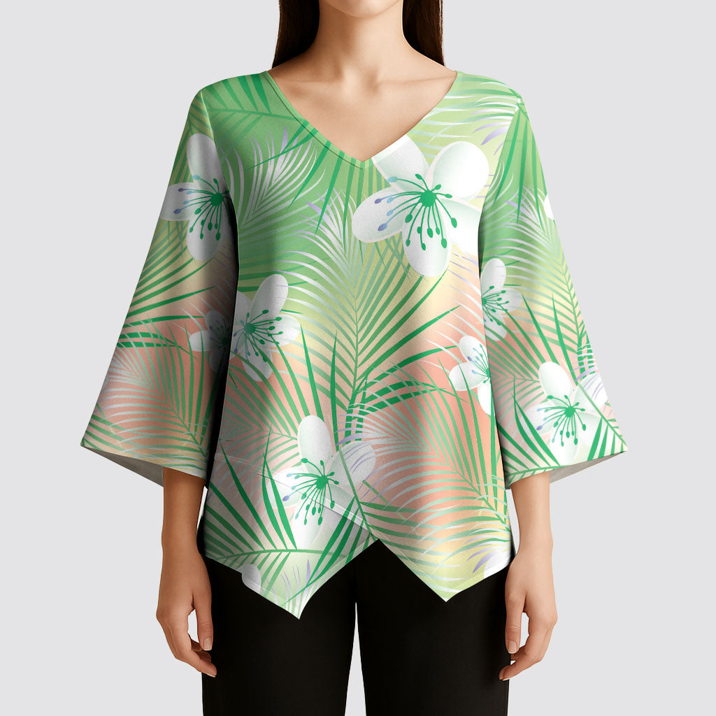 Green Aloha Hawaiian Kimono Sleeve Blouse Tropical Flower Palm Leaf Pattern LT19 - Polynesian Pride