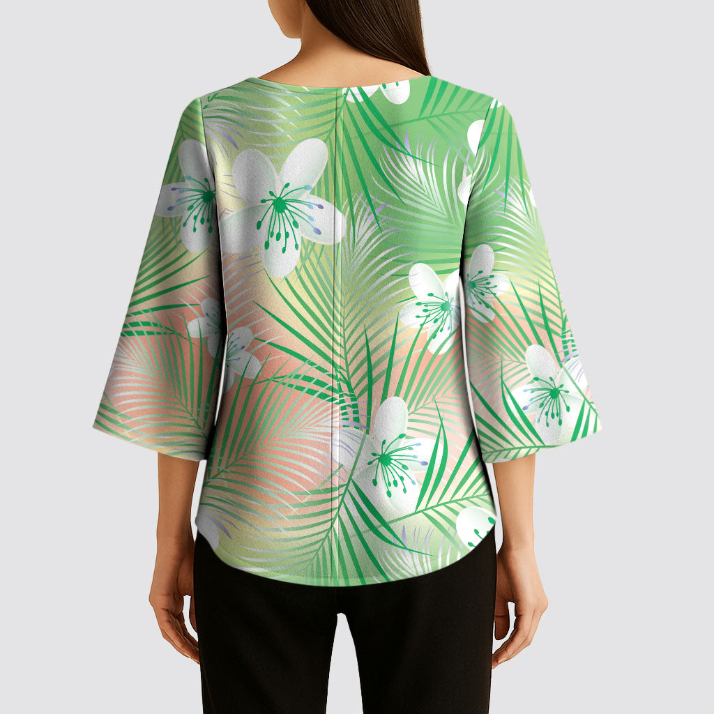 Green Aloha Hawaiian Kimono Sleeve Blouse Tropical Flower Palm Leaf Pattern LT19 - Polynesian Pride