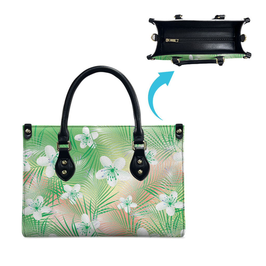 Green Aloha Hawaiian Leather Bag Tropical Flower Palm Leaf Pattern LT19 - Polynesian Pride