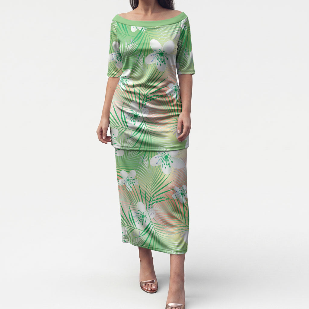 Green Aloha Hawaiian Puletasi Tropical Flower Palm Leaf Pattern LT19 Long Dress Green - Polynesian Pride