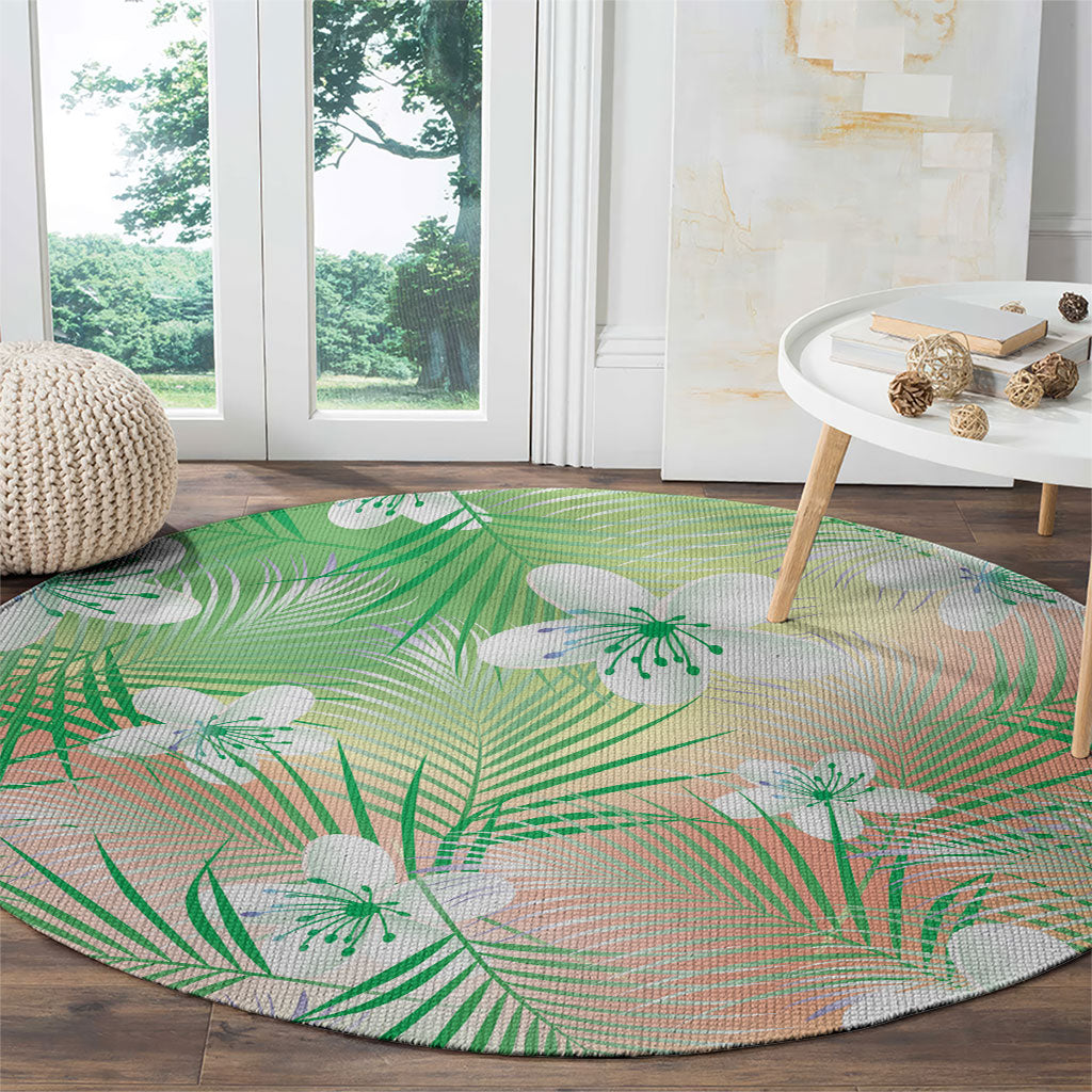 Green Aloha Hawaiian Round Carpet Tropical Flower Palm Leaf Pattern LT19 - Polynesian Pride