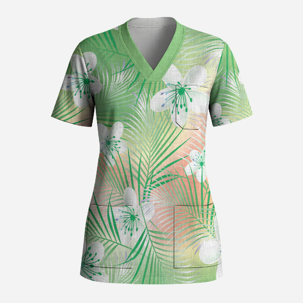 Green Aloha Hawaiian Scrub Top Tropical Flower Palm Leaf Pattern LT19 Adult Green - Polynesian Pride