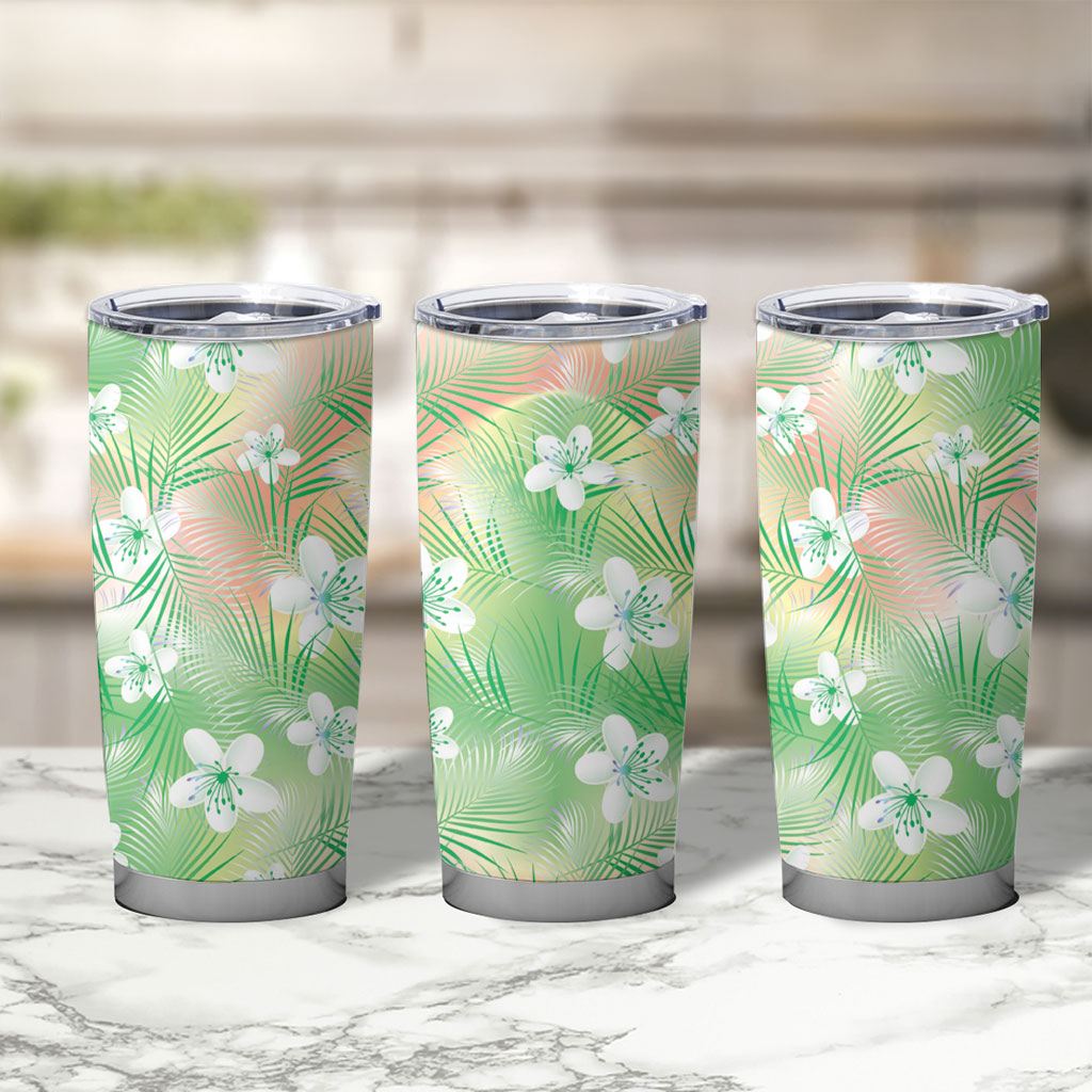 Green Aloha Hawaiian Tumbler Cup Tropical Flower Palm Leaf Pattern LT19 - Polynesian Pride