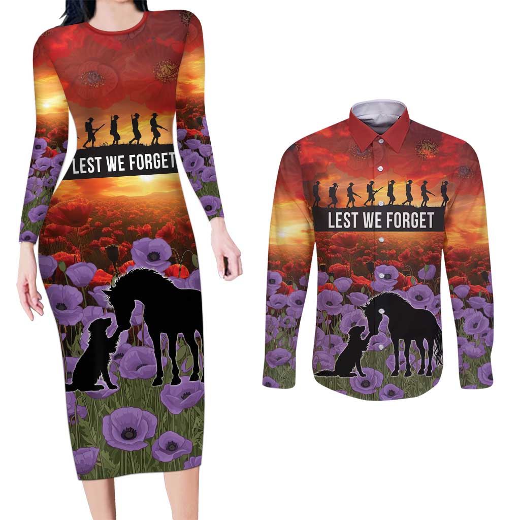 Personalised ANZAC Day Couples Matching Long Sleeve Bodycon Dress and Long Sleeve Button Shirt Remembering the Animals of War