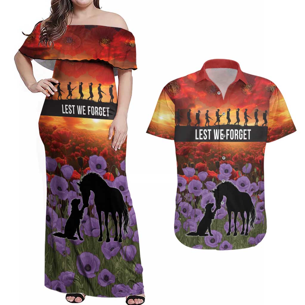 Personalised ANZAC Day Couples Matching Off Shoulder Maxi Dress and Hawaiian Shirt Remembering the Animals of War