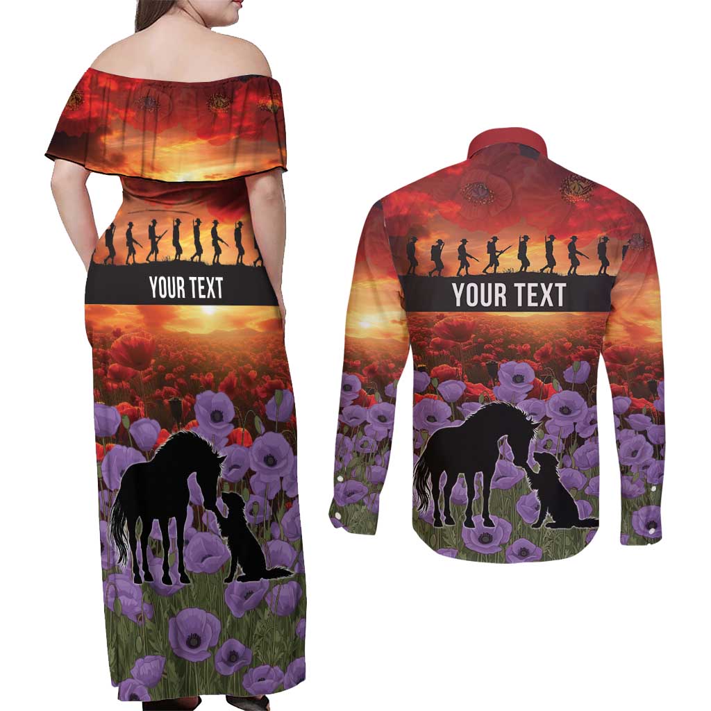 Personalised ANZAC Day Couples Matching Off Shoulder Maxi Dress and Long Sleeve Button Shirt Remembering the Animals of War