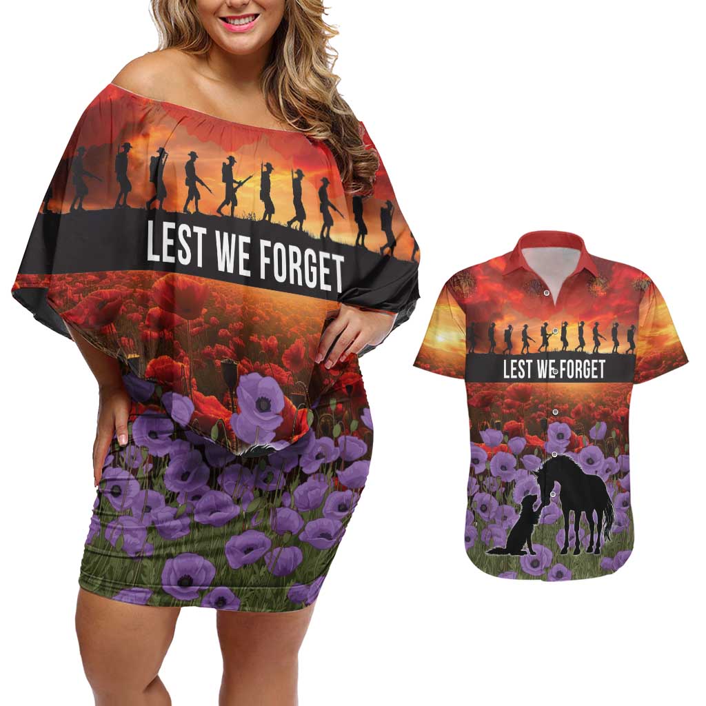 Personalised ANZAC Day Couples Matching Off Shoulder Short Dress and Hawaiian Shirt Remembering the Animals of War