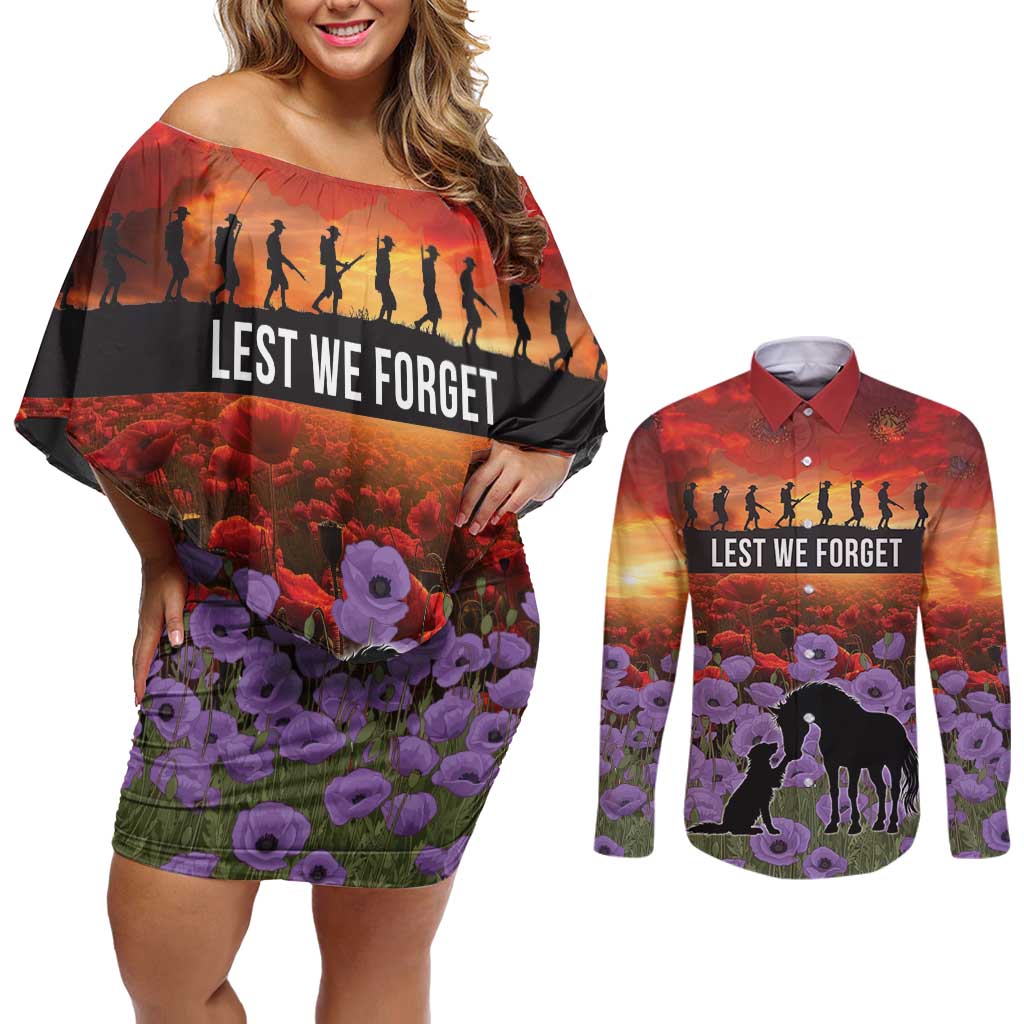 Personalised ANZAC Day Couples Matching Off Shoulder Short Dress and Long Sleeve Button Shirt Remembering the Animals of War
