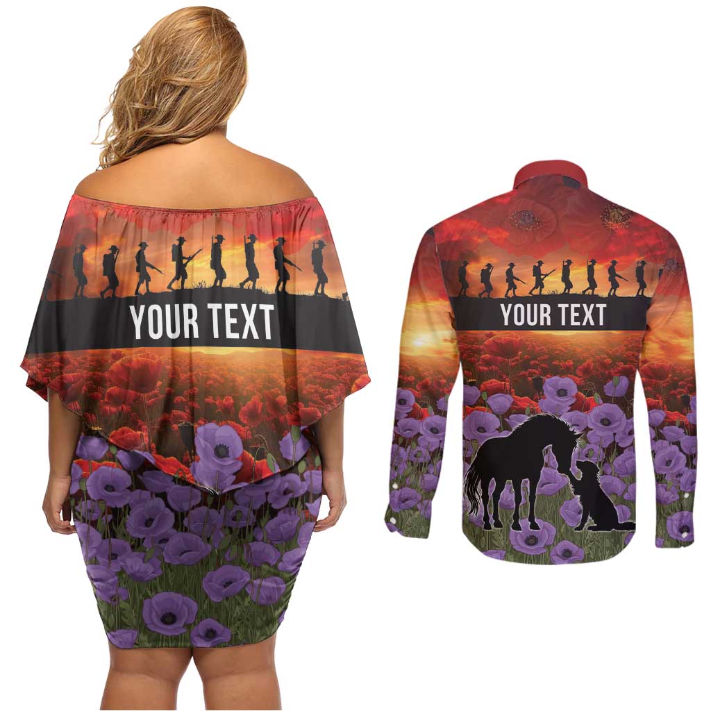 Personalised ANZAC Day Couples Matching Off Shoulder Short Dress and Long Sleeve Button Shirt Remembering the Animals of War