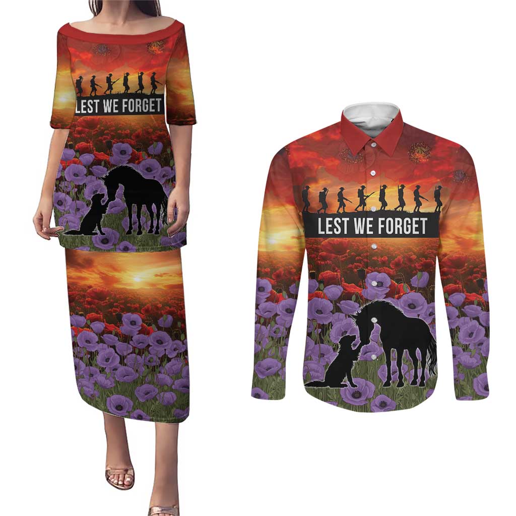 Personalised ANZAC Day Couples Matching Puletasi and Long Sleeve Button Shirt Remembering the Animals of War