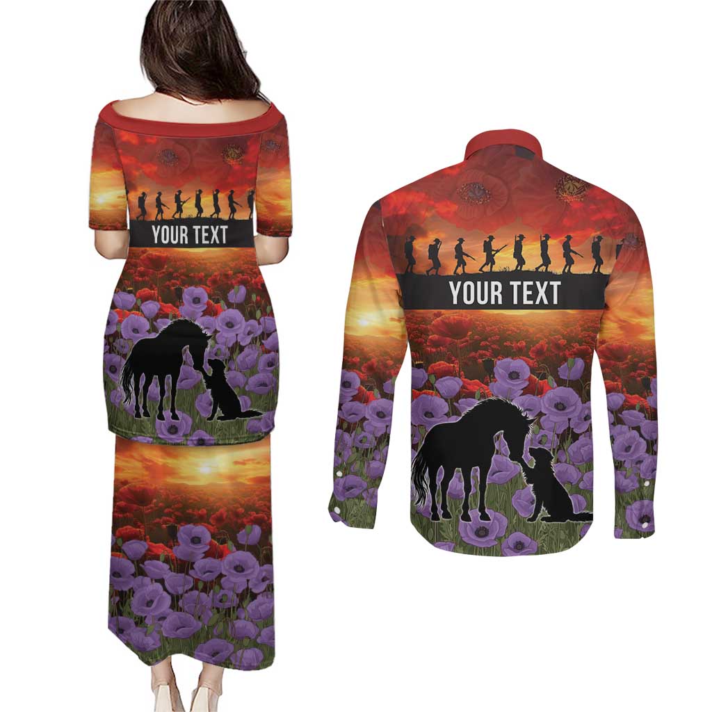Personalised ANZAC Day Couples Matching Puletasi and Long Sleeve Button Shirt Remembering the Animals of War