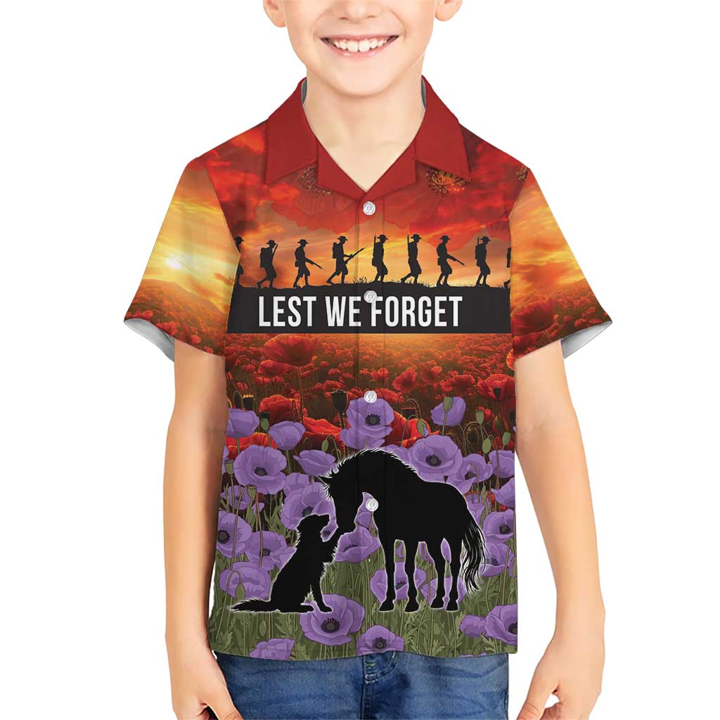 Personalised ANZAC Day Family Matching Off Shoulder Short Dress and Hawaiian Shirt Remembering the Animals of War LT19 Son's Shirt Purple - Polynesian Pride