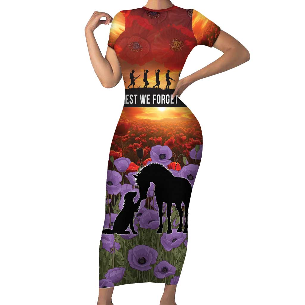 Personalised ANZAC Day Family Matching Short Sleeve Bodycon Dress and Hawaiian Shirt Remembering the Animals of War LT19 Mom's Dress Purple - Polynesian Pride