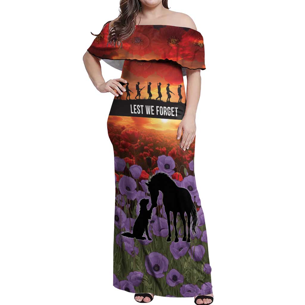 Personalised ANZAC Day Off Shoulder Maxi Dress Remembering the Animals of War
