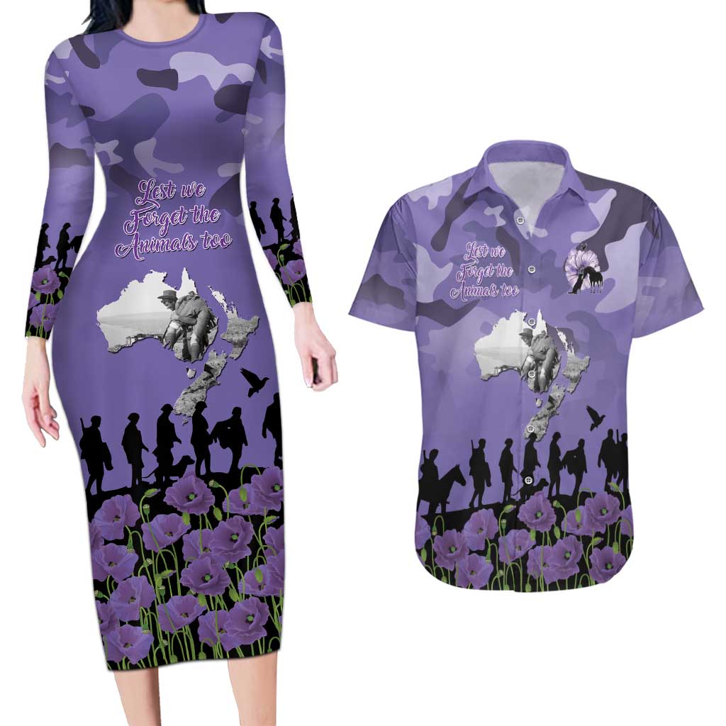 ANZAC Day Couples Matching Long Sleeve Bodycon Dress and Hawaiian Shirt Lest We Forget the Animals Too