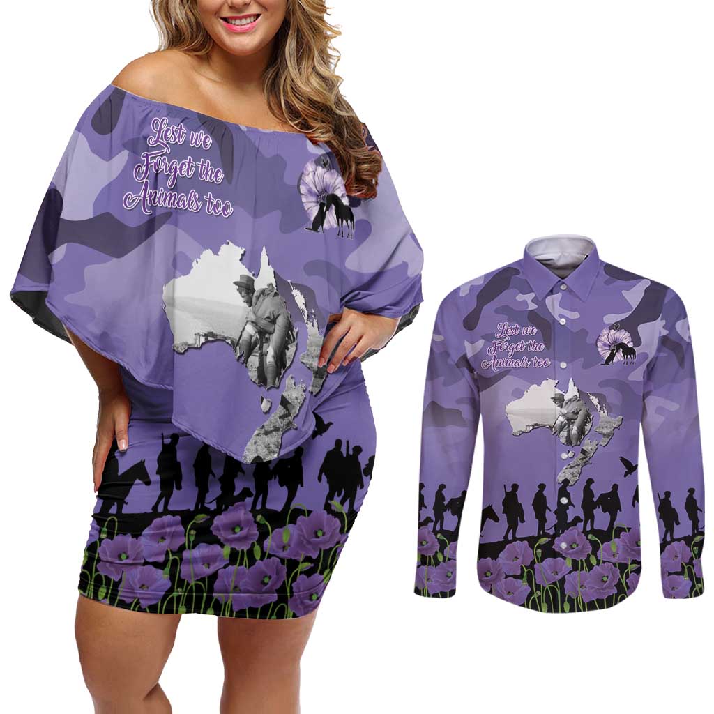 ANZAC Day Couples Matching Off Shoulder Short Dress and Long Sleeve Button Shirt Lest We Forget the Animals Too