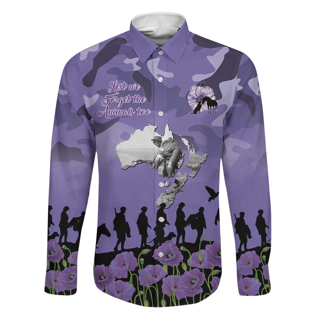 ANZAC Day Family Matching Off The Shoulder Long Sleeve Dress and Hawaiian Shirt Lest We Forget the Animals Too LT19 Dad's Shirt - Long Sleeve Purple - Polynesian Pride
