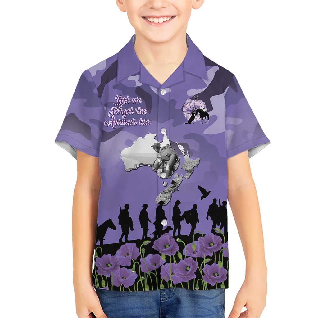 ANZAC Day Family Matching Off The Shoulder Long Sleeve Dress and Hawaiian Shirt Lest We Forget the Animals Too LT19 Son's Shirt Purple - Polynesian Pride