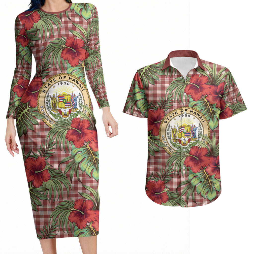 Vintage Hawaii Hibiscus Palaka Couples Matching Long Sleeve Bodycon Dress and Hawaiian Shirt Red Color LT19 Red - Polynesian Pride