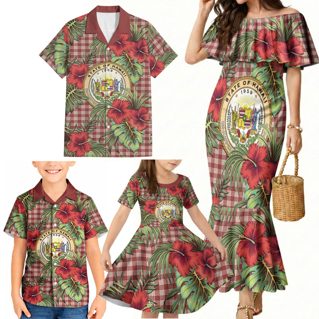 Vintage Hawaii Hibiscus Palaka Family Matching Mermaid Dress and Hawaiian Shirt Red Color LT19 - Polynesian Pride