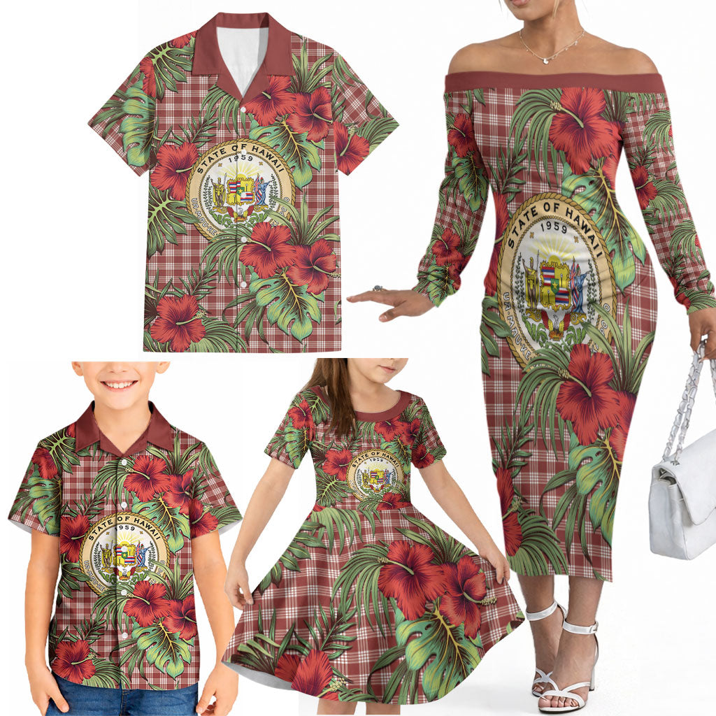 Vintage Hawaii Hibiscus Palaka Family Matching Off The Shoulder Long Sleeve Dress and Hawaiian Shirt Red Color LT19 - Polynesian Pride
