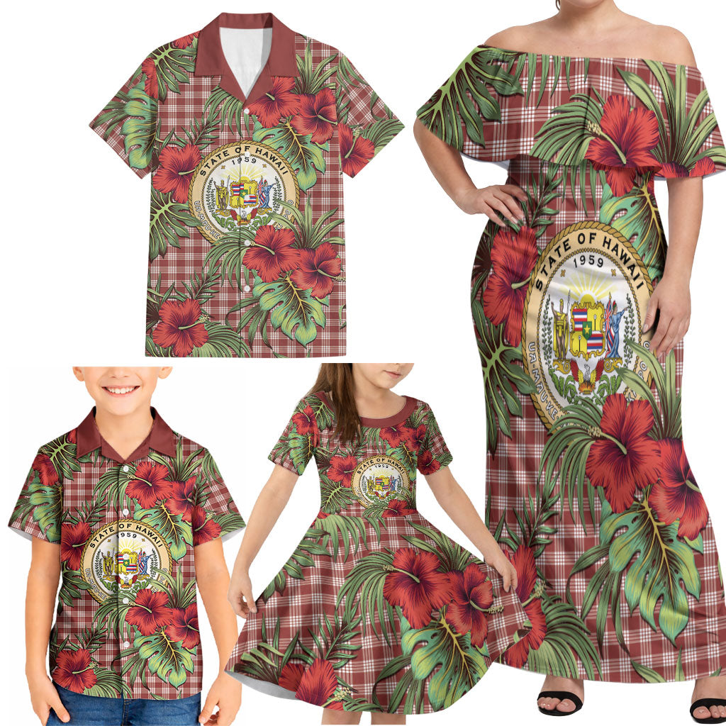 Vintage Hawaii Hibiscus Palaka Family Matching Off Shoulder Maxi Dress and Hawaiian Shirt Red Color LT19 - Polynesian Pride
