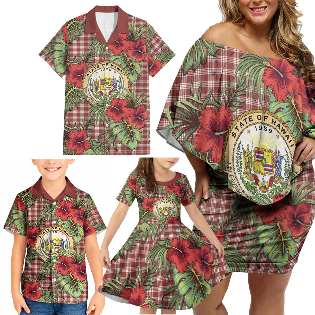 Vintage Hawaii Hibiscus Palaka Family Matching Off Shoulder Short Dress and Hawaiian Shirt Red Color LT19 - Polynesian Pride