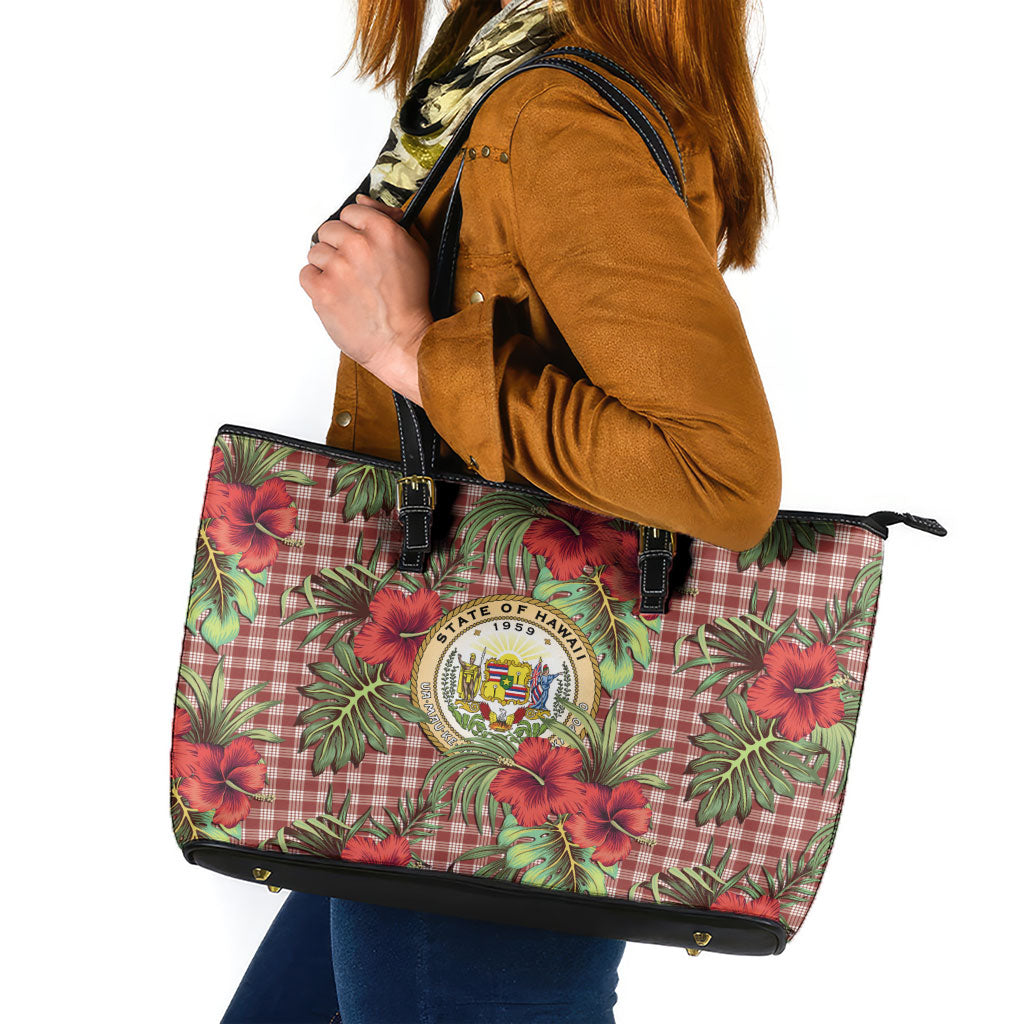 Vintage Hawaii Hibiscus Palaka Leather Tote Bag Red Color