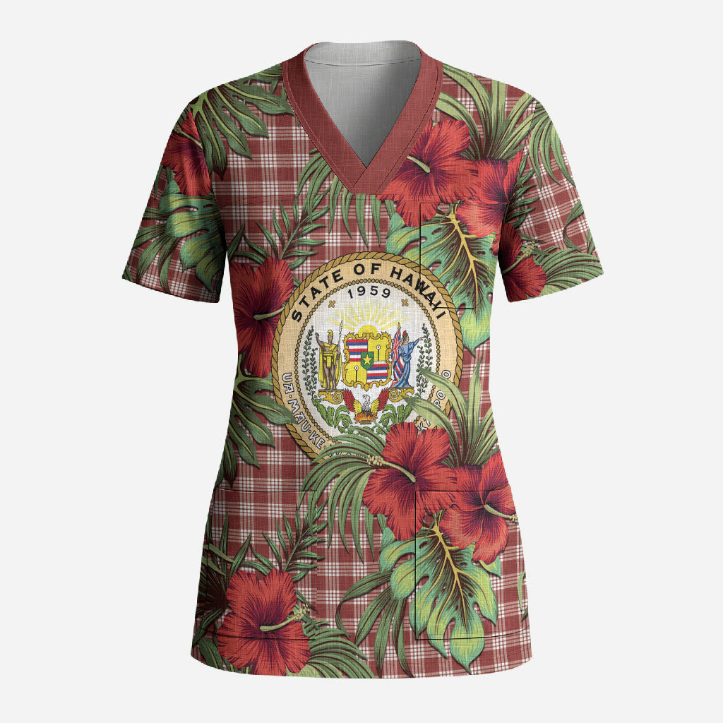 Vintage Hawaii Hibiscus Palaka Scrub Top Red Color