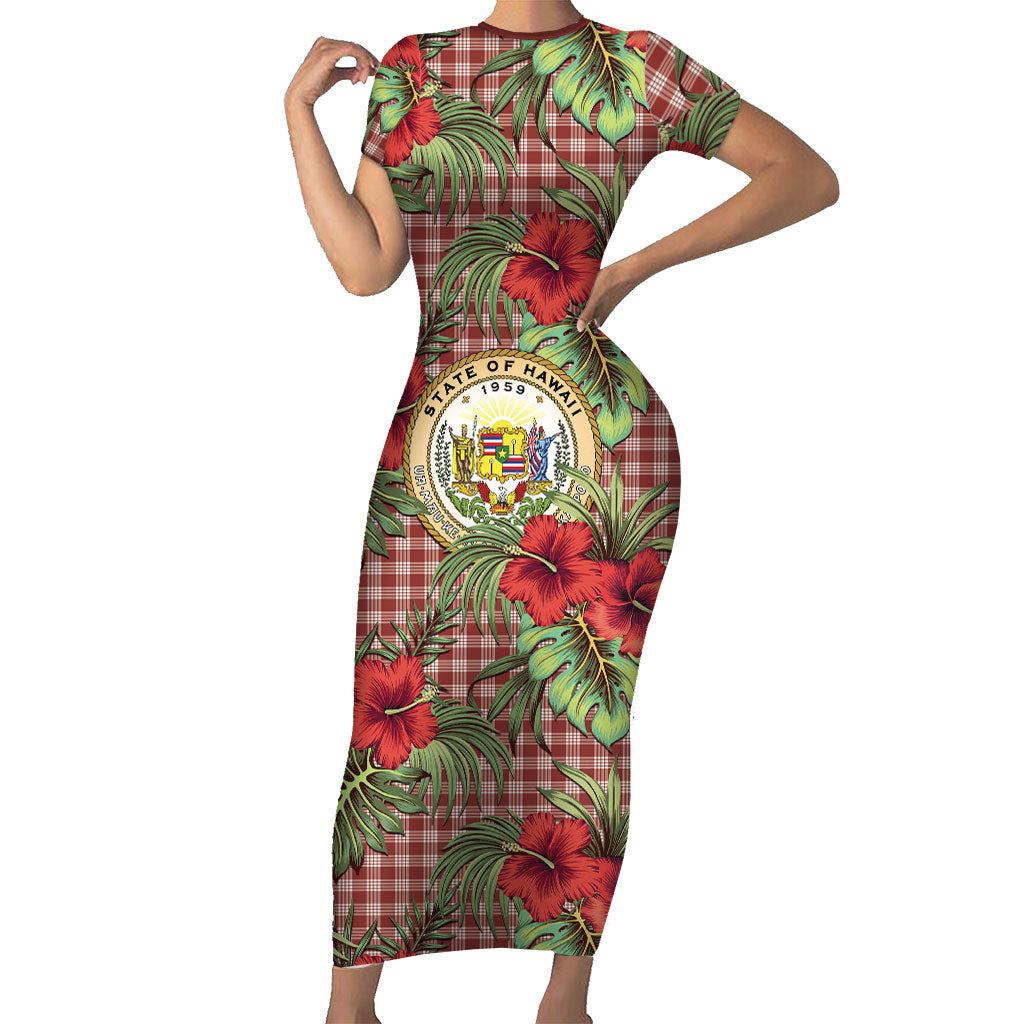 Vintage Hawaii Hibiscus Palaka Short Sleeve Bodycon Dress Red Color LT19 Long Dress Red - Polynesian Pride