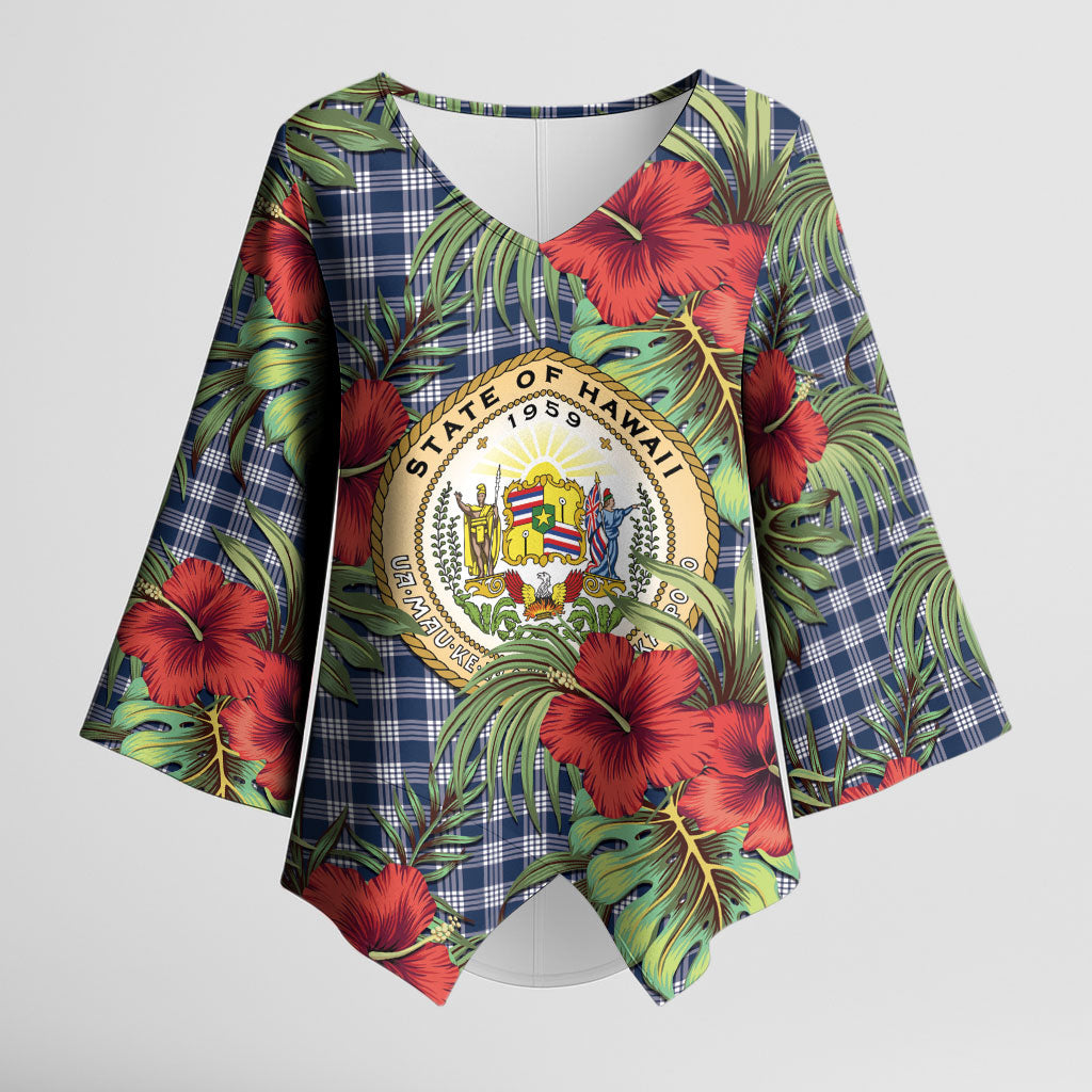 Vintage Hawaii Hibiscus Palaka Kimono Sleeve Blouse Navy Color