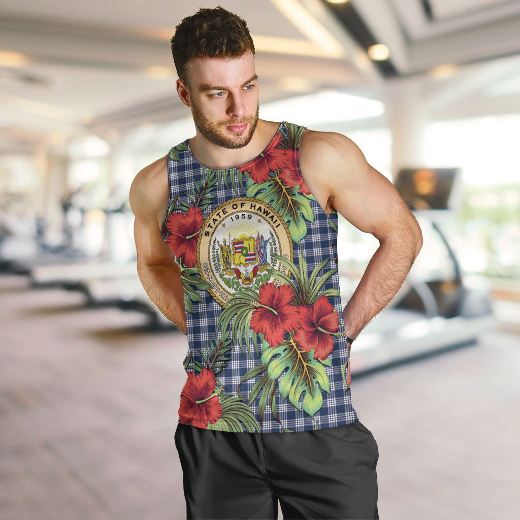 Vintage Hawaii Hibiscus Palaka Men Tank Top Navy Color
