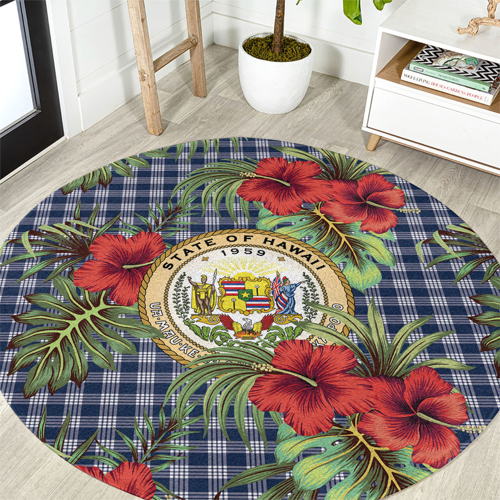 Vintage Hawaii Hibiscus Palaka Round Carpet Navy Color