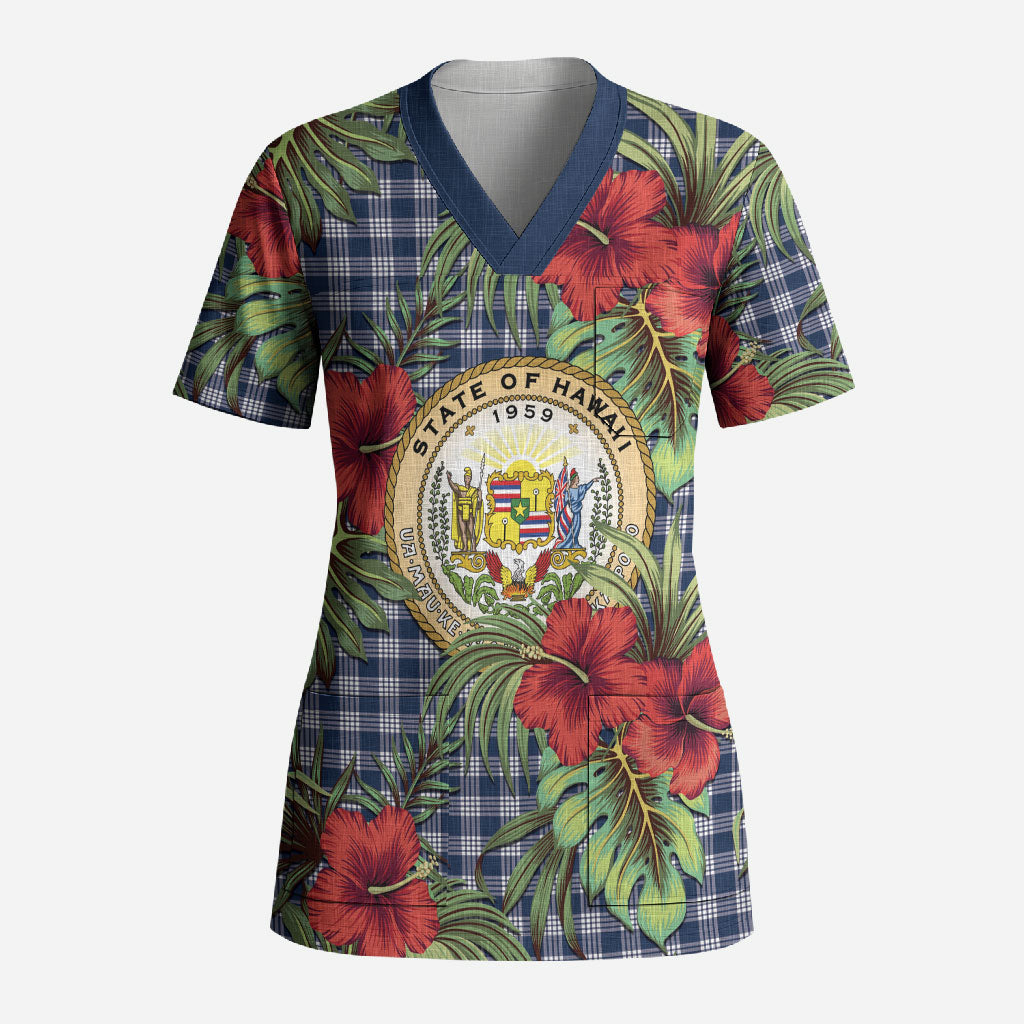 Vintage Hawaii Hibiscus Palaka Scrub Top Navy Color