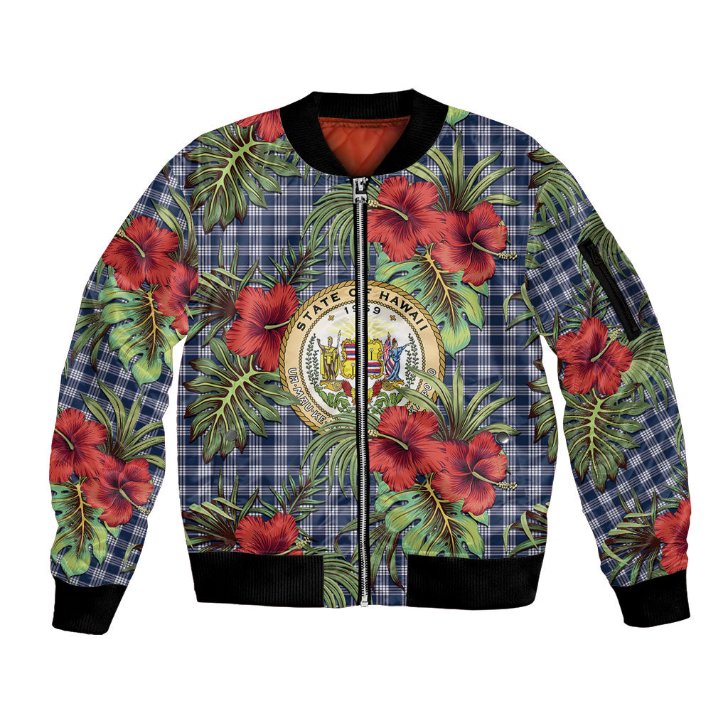 Vintage Hawaii Hibiscus Palaka Sleeve Zip Bomber Jacket Navy Color