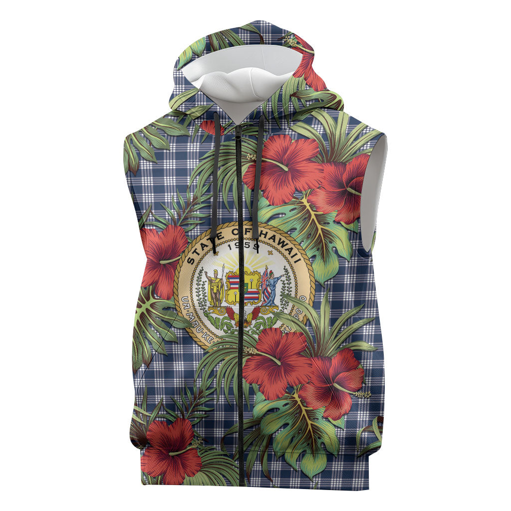 Vintage Hawaii Hibiscus Palaka Sleeveless Zip Hoodie Navy Color LT19 Navy - Polynesian Pride