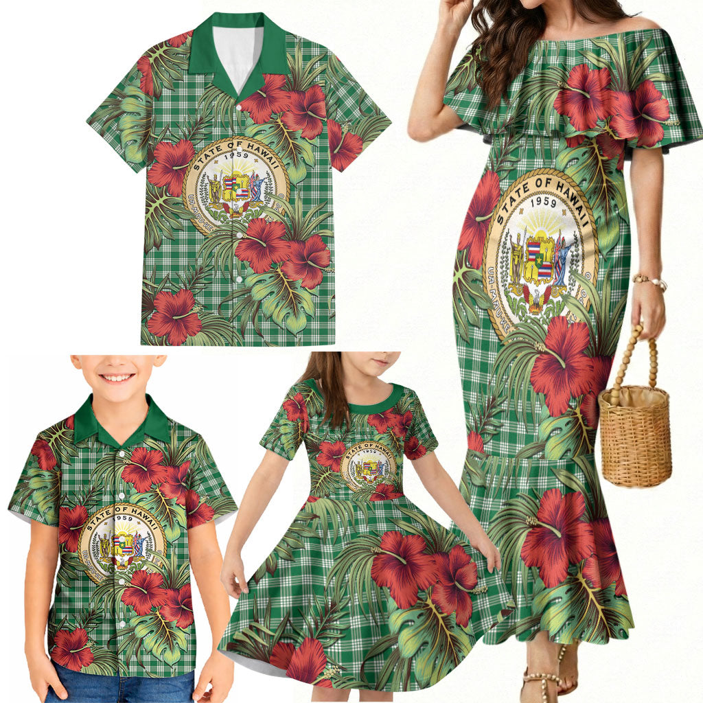 Vintage Hawaii Hibiscus Palaka Family Matching Mermaid Dress and Hawaiian Shirt Green Color LT19 - Polynesian Pride